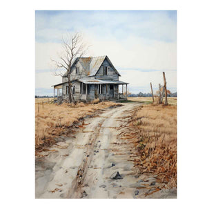 Rustic country house landscape canvas art with road and fields for farmhouse decor.
