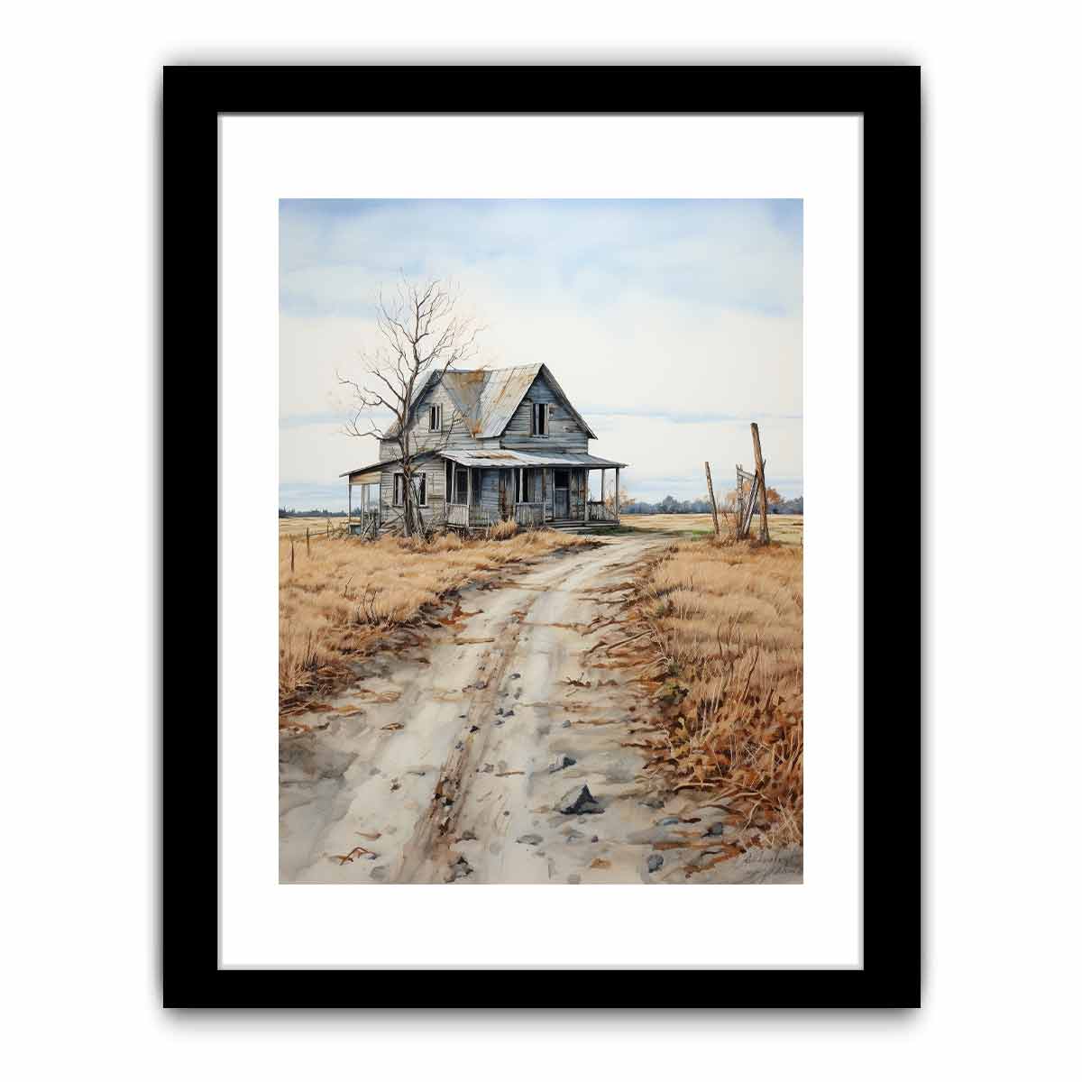 Rustic country house landscape canvas art with road and fields for farmhouse decor.