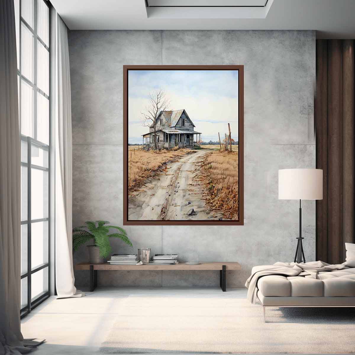 Rustic country house landscape canvas art with road and fields for farmhouse decor.