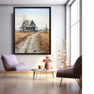 Rustic country house landscape canvas art with road and fields for farmhouse decor.