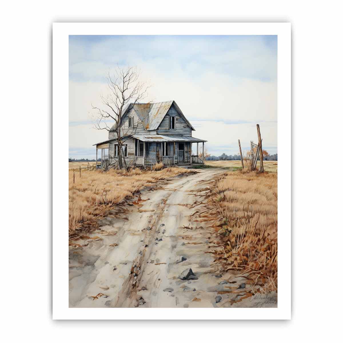 Rustic country house landscape canvas art with road and fields for farmhouse decor.