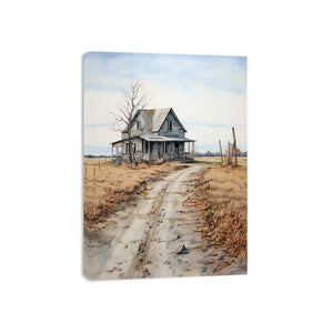Rustic country house landscape canvas art with road and fields for farmhouse decor.