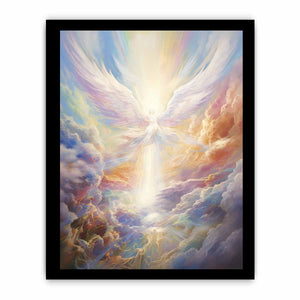 Ethereal angel wings canvas art with radiant clouds for peaceful bedroom decor.