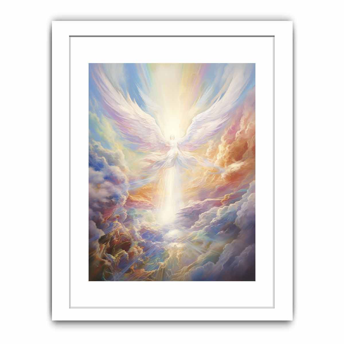 Ethereal angel wings canvas art with radiant clouds for peaceful bedroom decor.