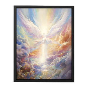 Ethereal angel wings canvas art with radiant clouds for peaceful bedroom decor.