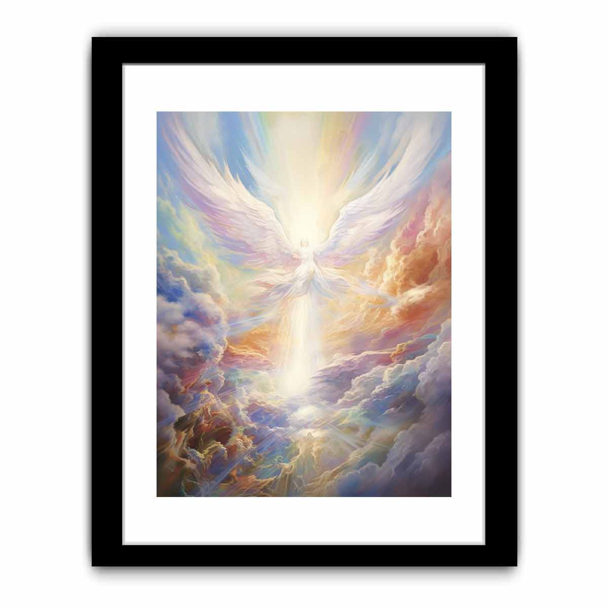 Ethereal angel wings canvas art with radiant clouds for peaceful bedroom decor.