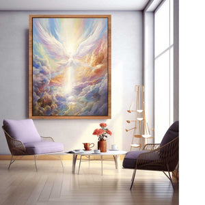 Ethereal angel wings canvas art with radiant clouds for peaceful bedroom decor.