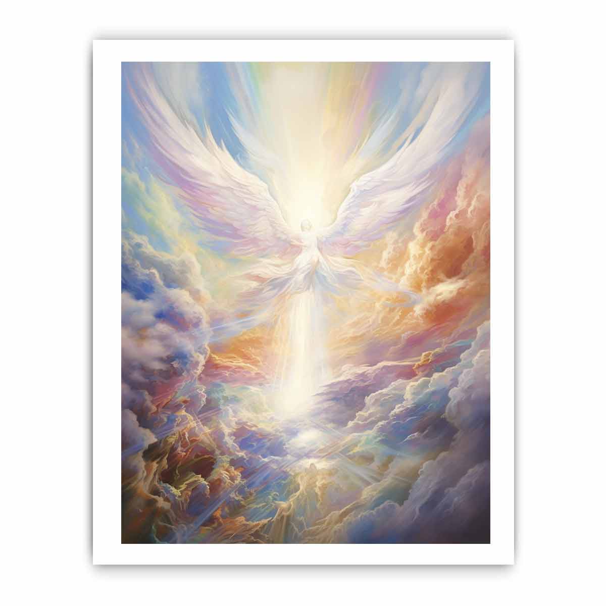 Ethereal angel wings canvas art with radiant clouds for peaceful bedroom decor.