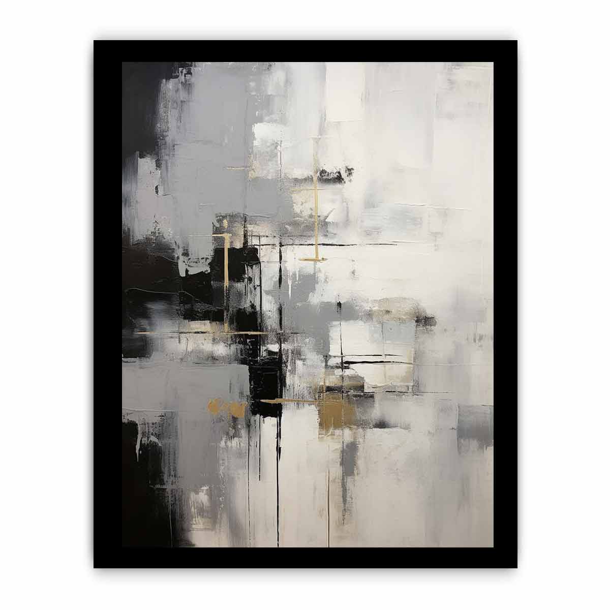 Gray and white abstract canvas art with gold accents for modern luxury living room decor.