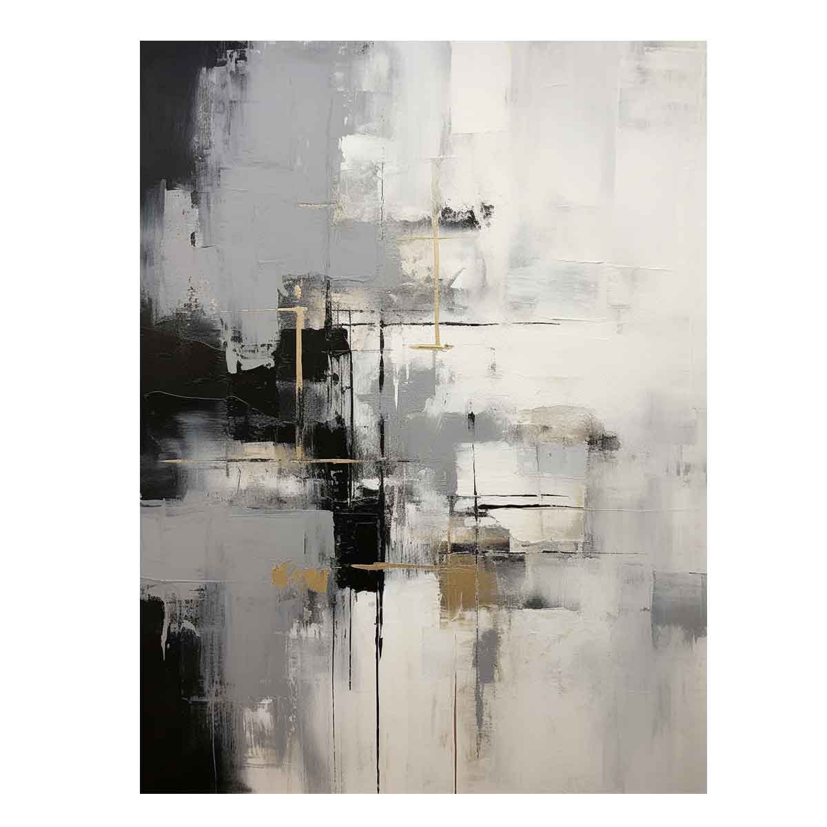 Gray and white abstract canvas art with gold accents for modern luxury living room decor.