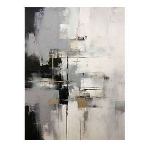 Gray and white abstract canvas art with gold accents for modern luxury living room decor.