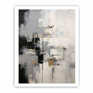 Gray and white abstract canvas art with gold accents for modern luxury living room decor.
