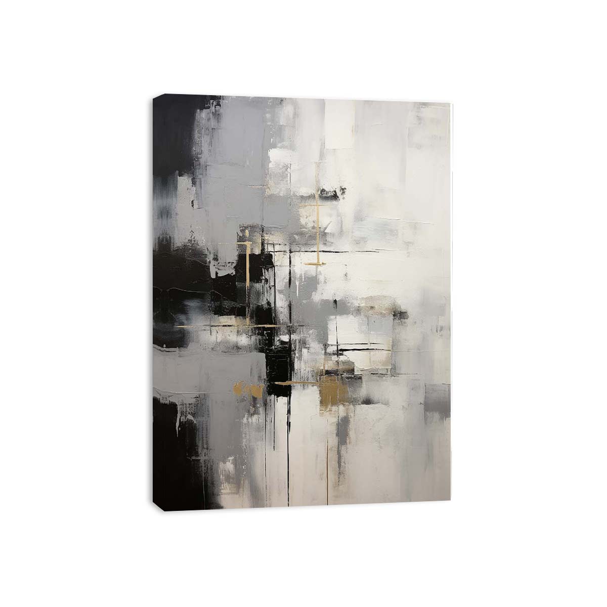 Gray and white abstract canvas art with gold accents for modern luxury living room decor.