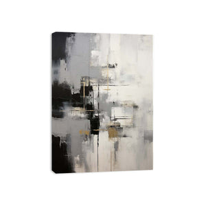 Gray and white abstract canvas art with gold accents for modern luxury living room decor.