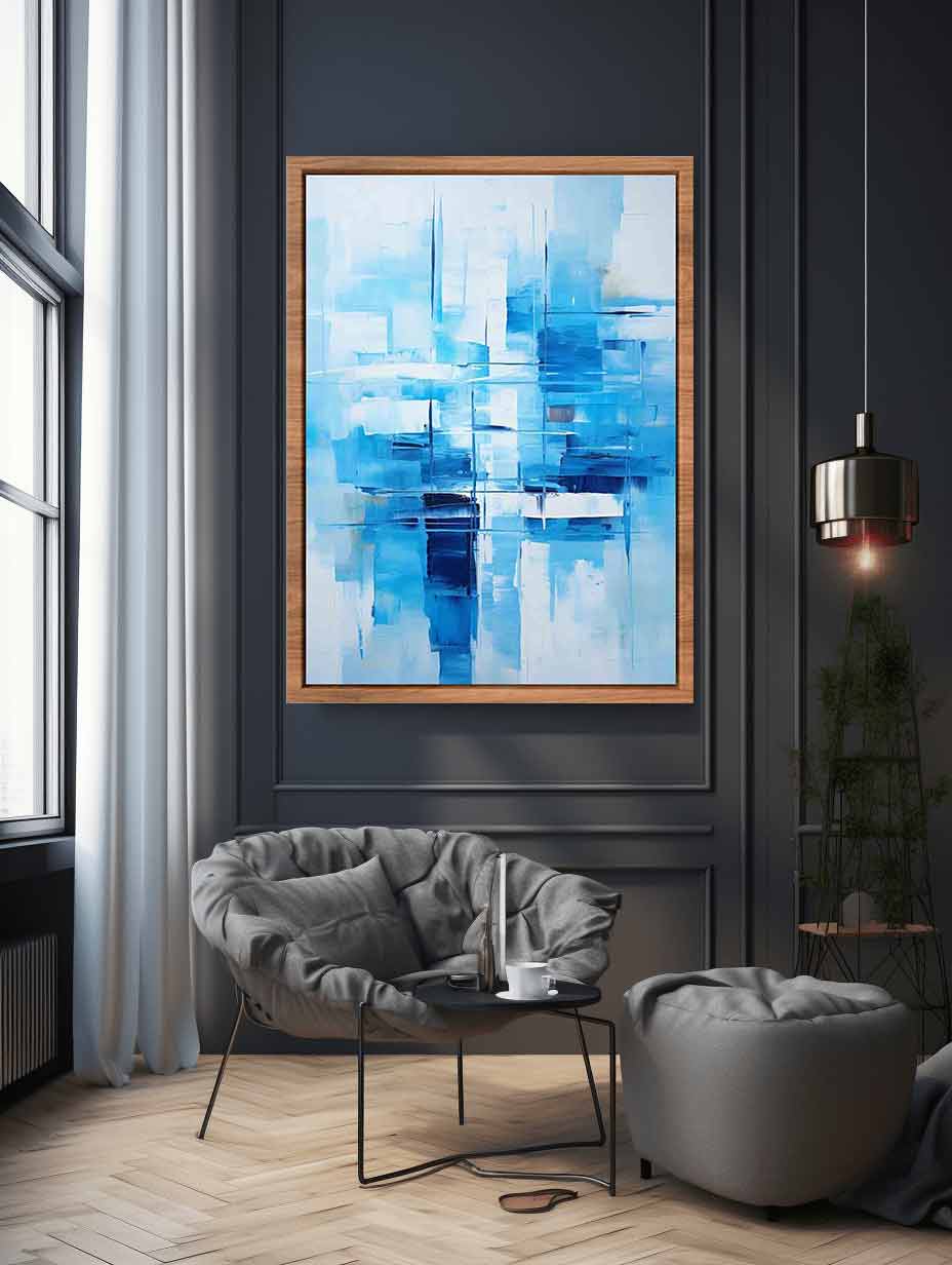 Blue and white abstract canvas art for serene bedroom, office, or coastal modern decor.