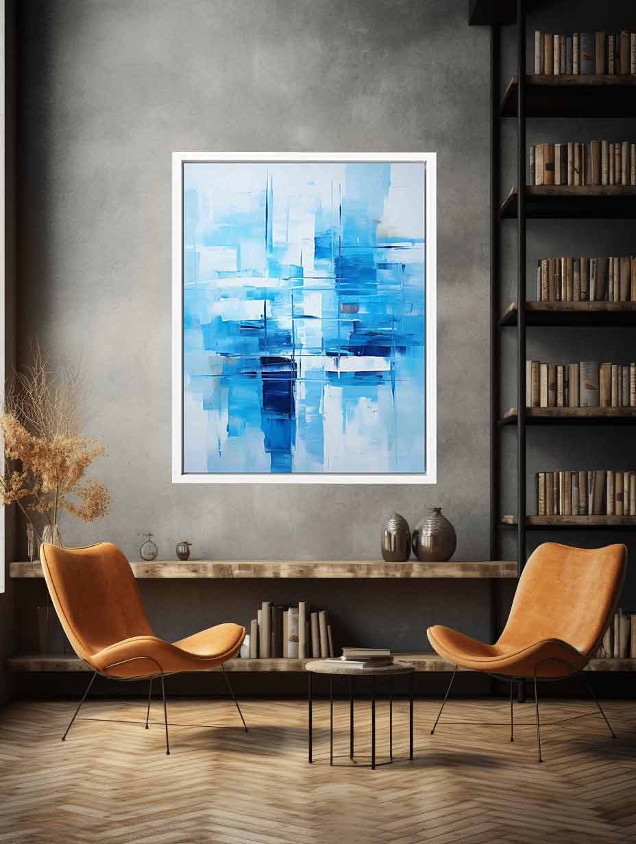 Blue and white abstract canvas art for serene bedroom, office, or coastal modern decor.