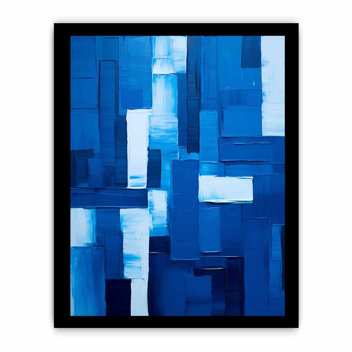 Deep blue abstract canvas art with textured blocks for modern office decor.