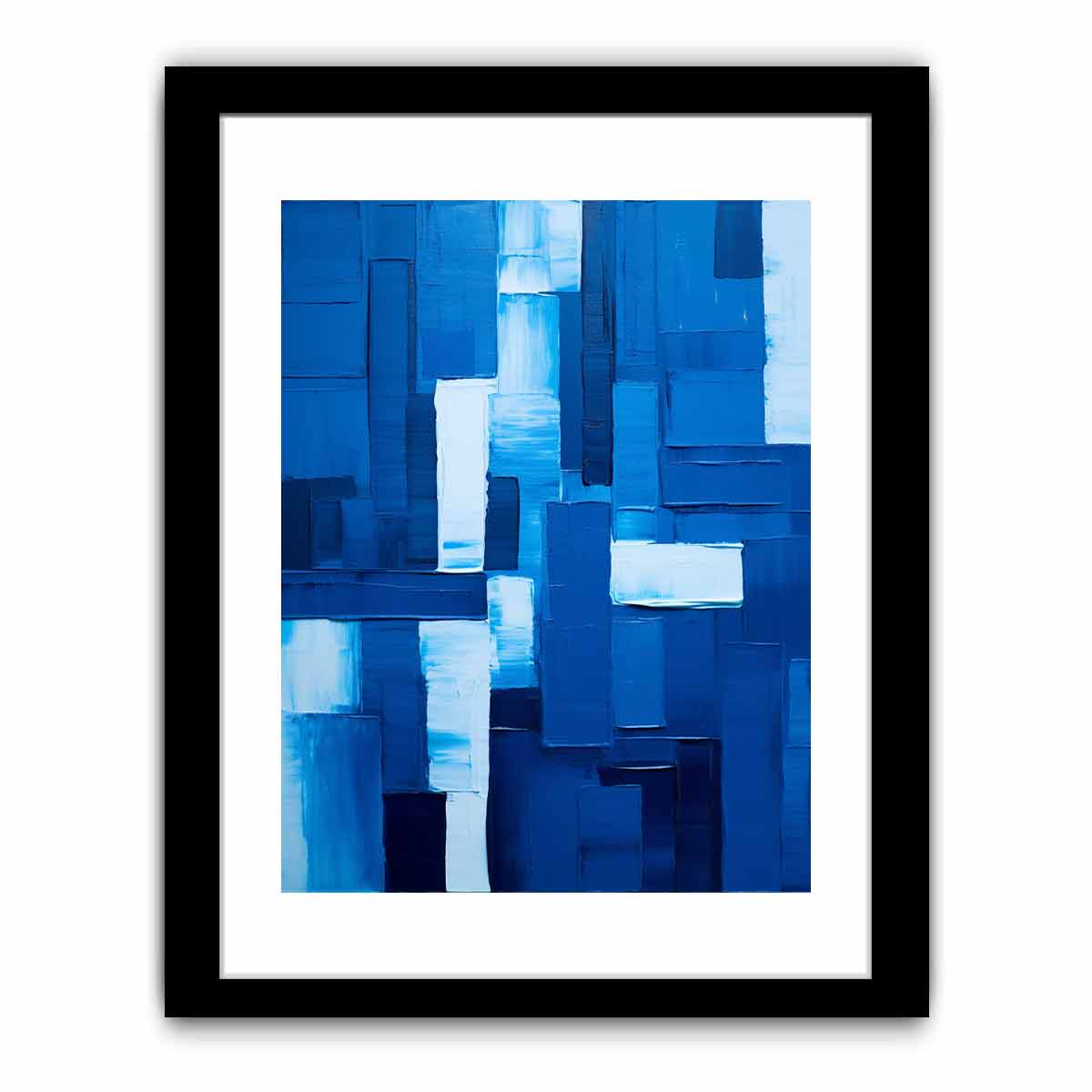 Deep blue abstract canvas art with textured blocks for modern office decor.