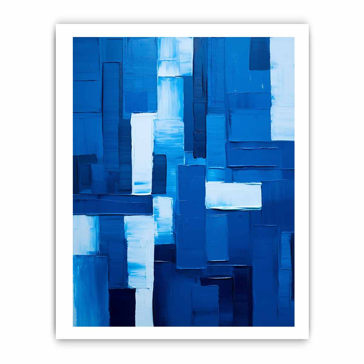 Deep blue abstract canvas art with textured blocks for modern office decor.