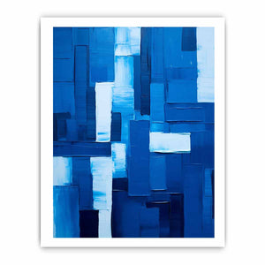 Deep blue abstract canvas art with textured blocks for modern office decor.