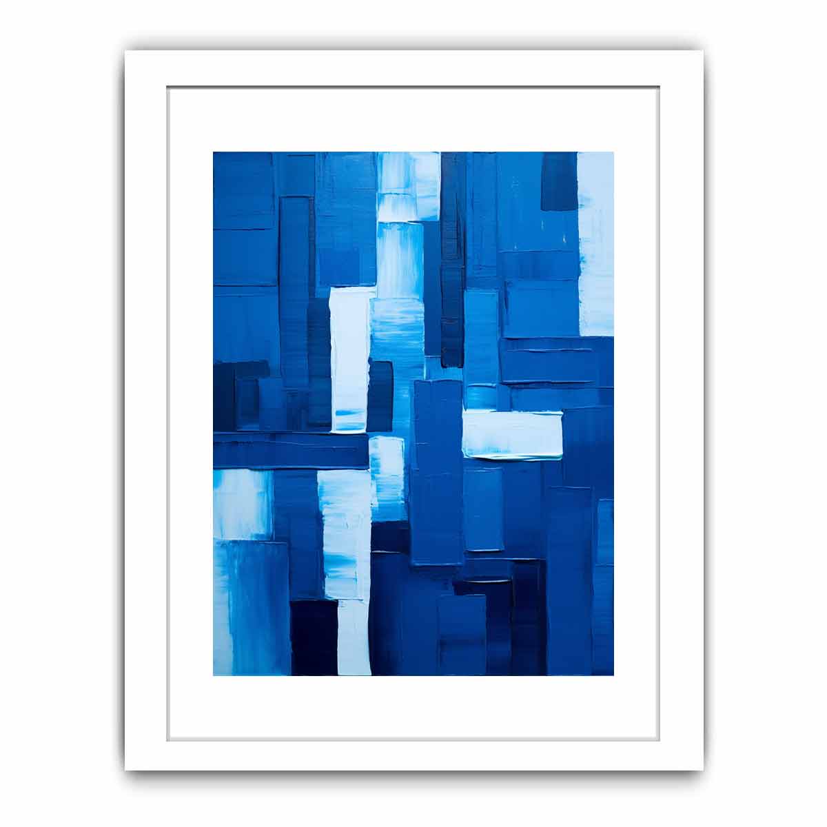 Deep blue abstract canvas art with textured blocks for modern office decor.