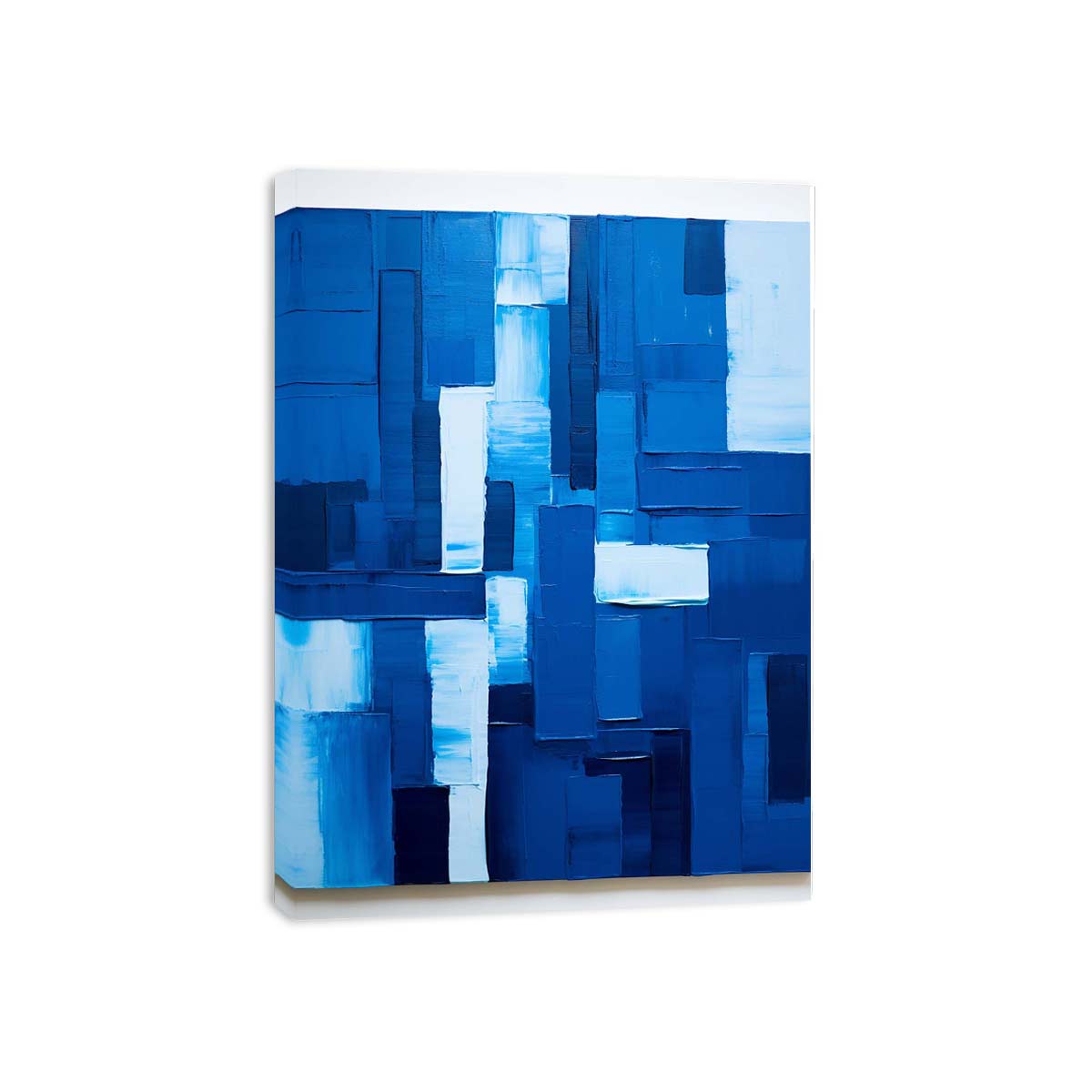 Deep blue abstract canvas art with textured blocks for modern office decor.