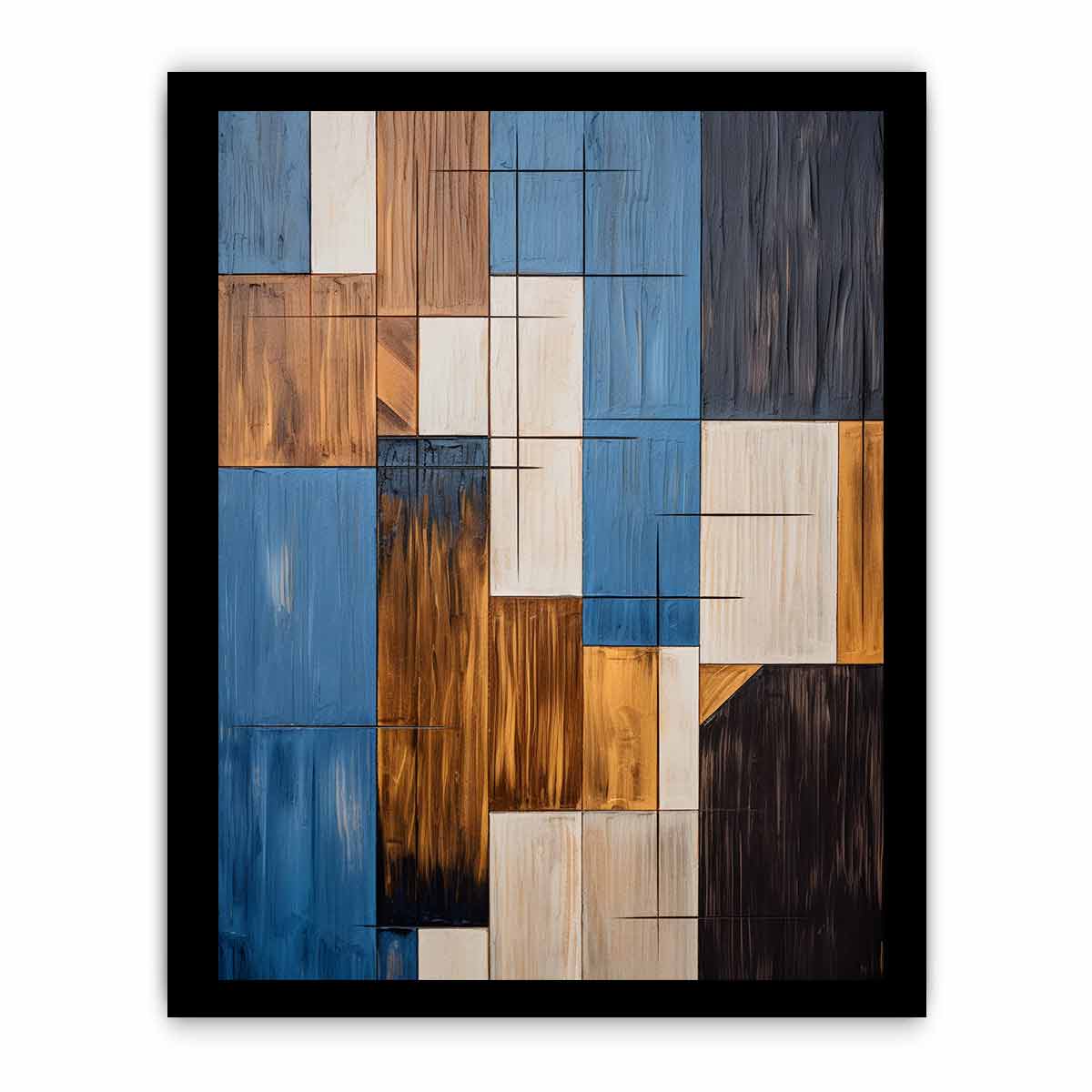 Modern blue and brown geometric abstract canvas art for living room decor.