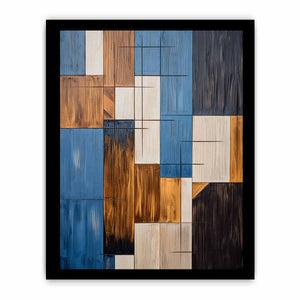 Modern blue and brown geometric abstract canvas art for living room decor.
