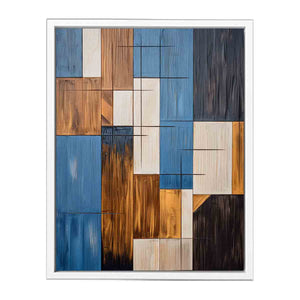 Modern blue and brown geometric abstract canvas art for living room decor.
