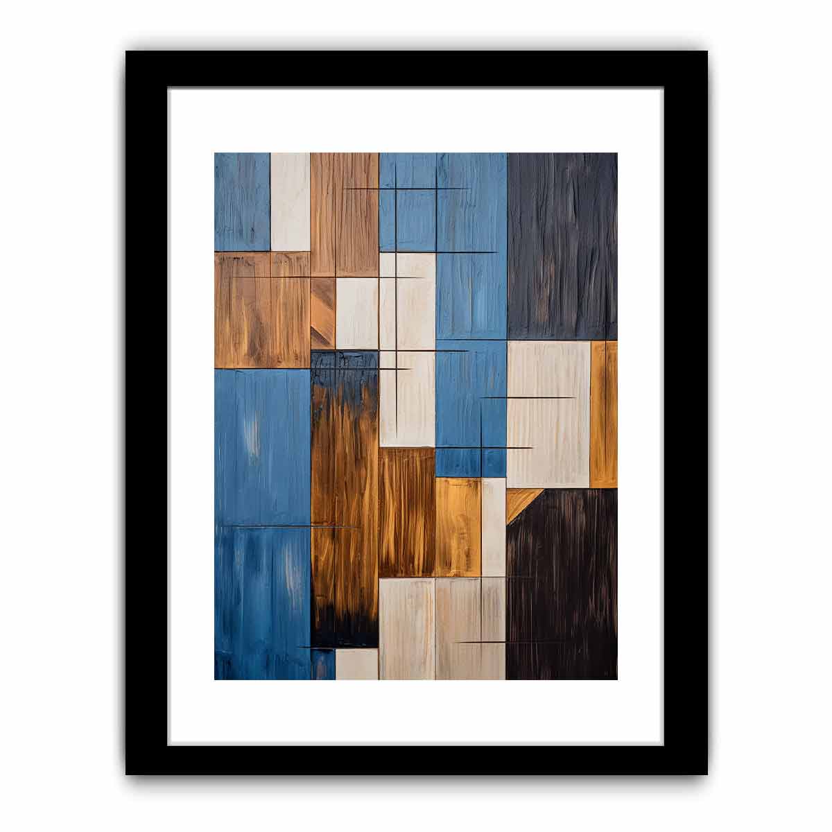 Modern blue and brown geometric abstract canvas art for living room decor.