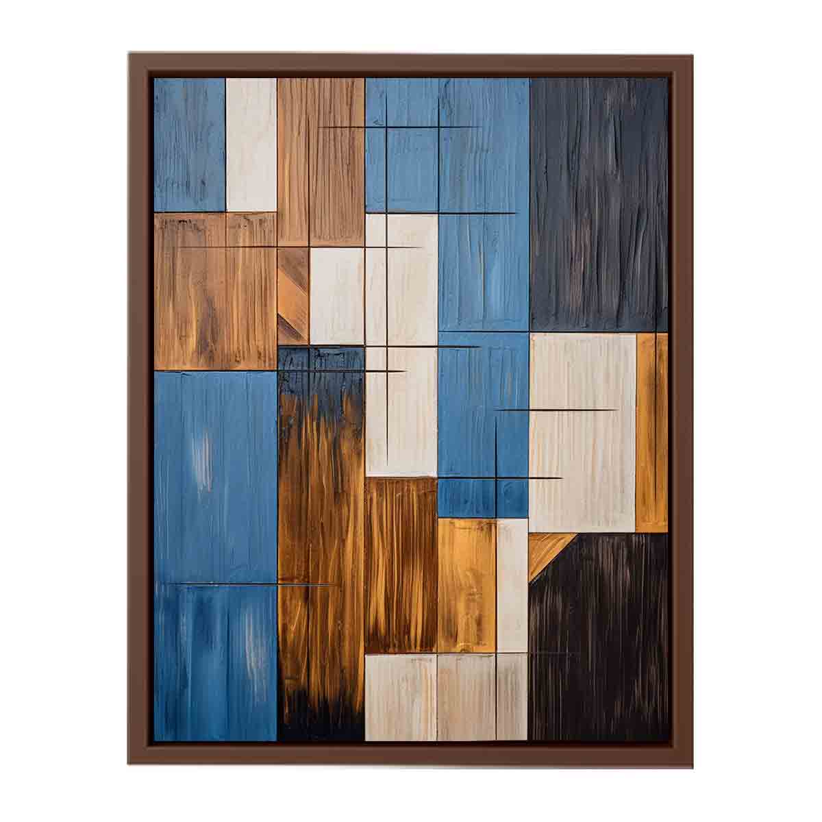 Modern blue and brown geometric abstract canvas art for living room decor.