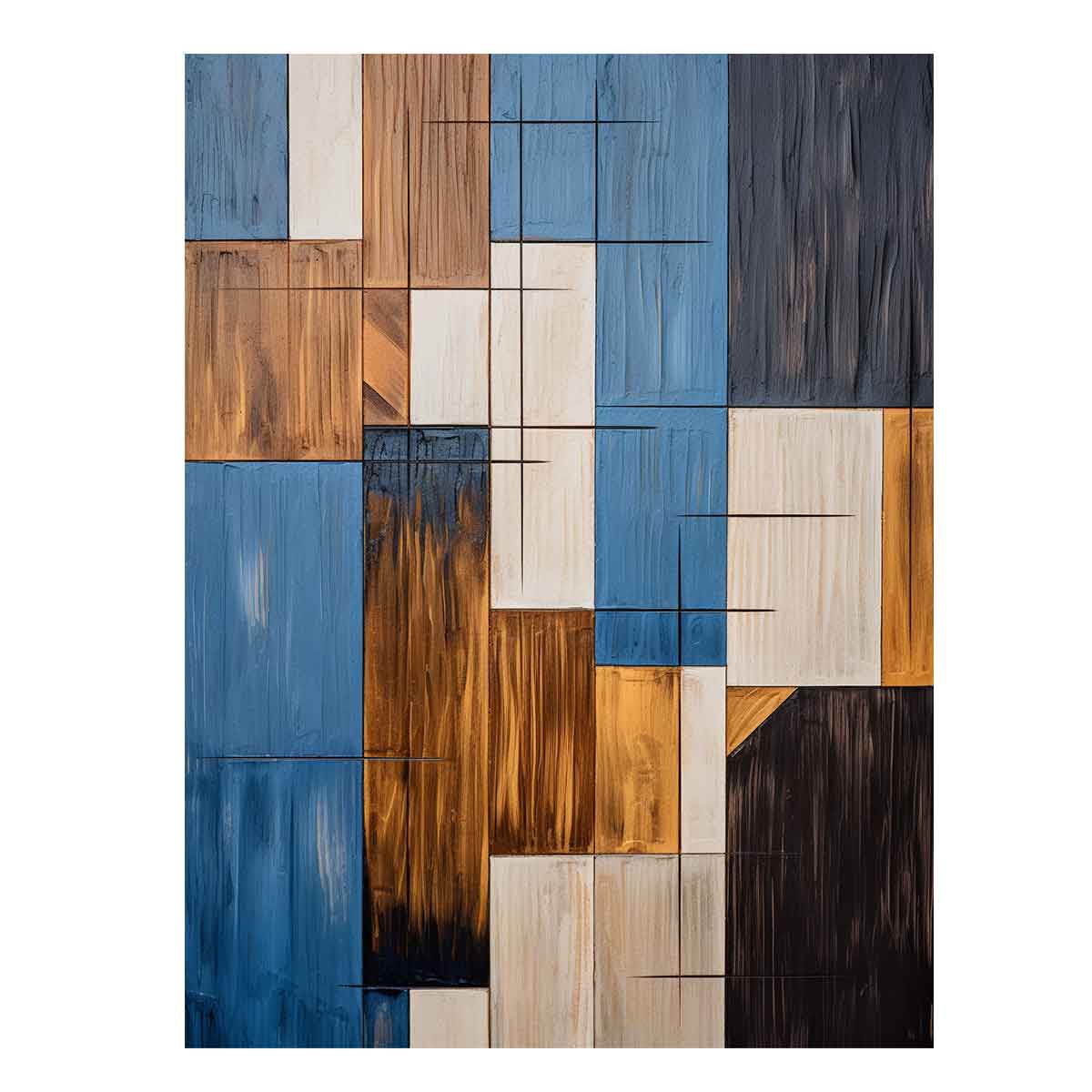 Modern blue and brown geometric abstract canvas art for living room decor.