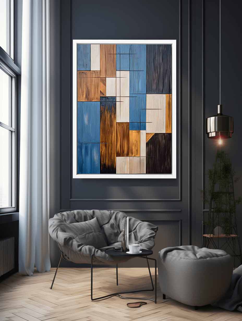 Modern blue and brown geometric abstract canvas art for living room decor.