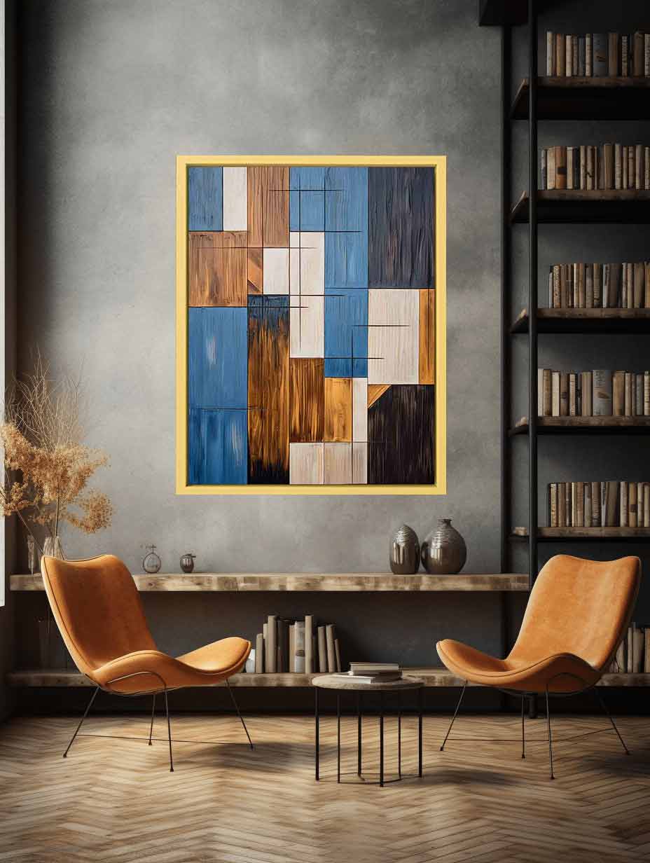 Modern blue and brown geometric abstract canvas art for living room decor.