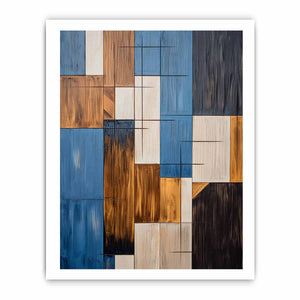 Modern blue and brown geometric abstract canvas art for living room decor.