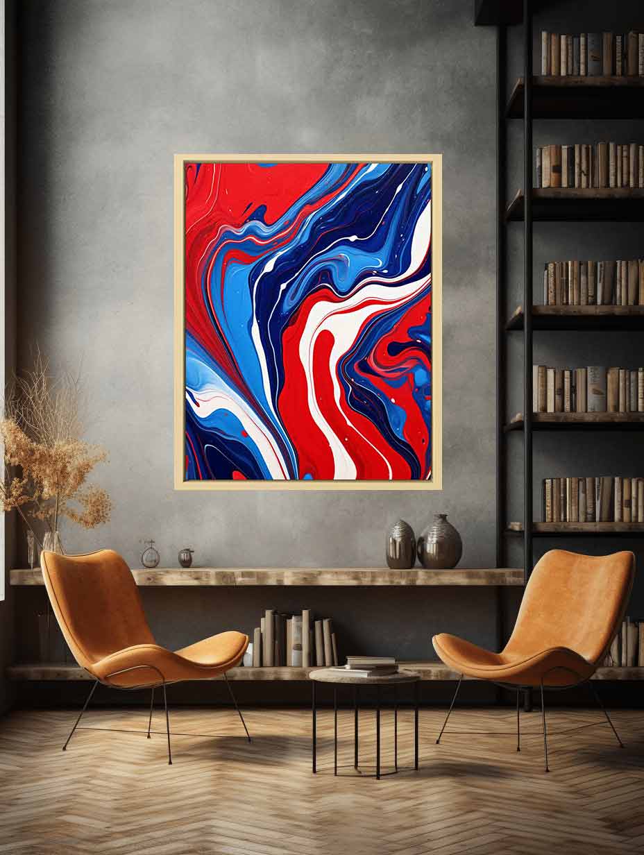 Bold red and blue fluid abstract canvas art for modern statement wall decor.