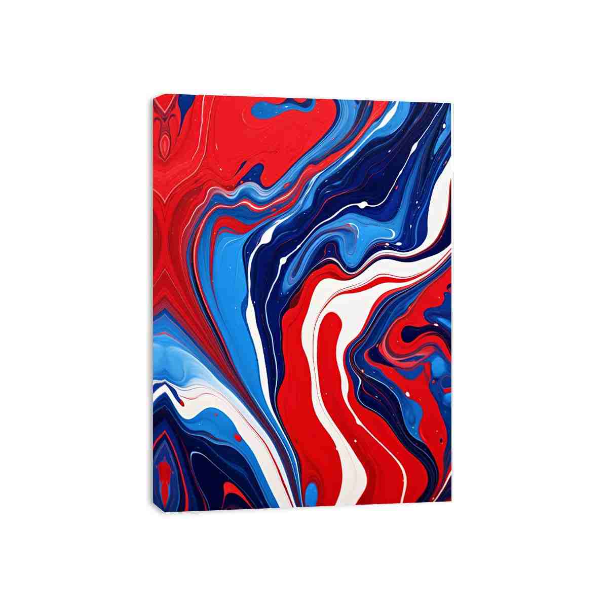 Bold red and blue fluid abstract canvas art for modern statement wall decor.