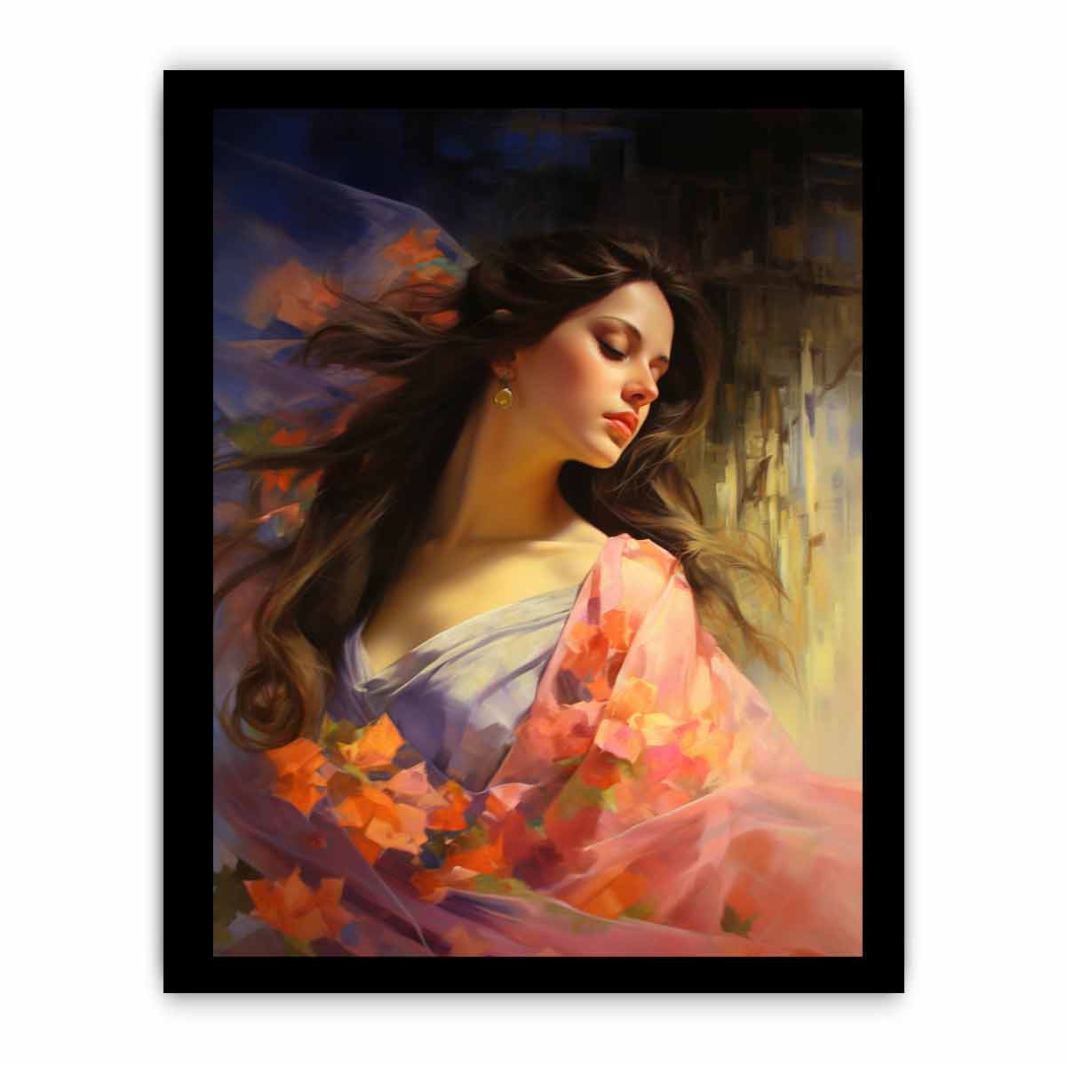 Elegant woman portrait canvas art with floral colors for feminine bedroom decor.