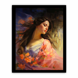 Elegant woman portrait canvas art with floral colors for feminine bedroom decor.