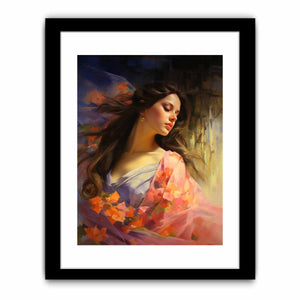 Elegant woman portrait canvas art with floral colors for feminine bedroom decor.