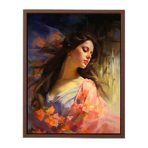 Elegant woman portrait canvas art with floral colors for feminine bedroom decor.