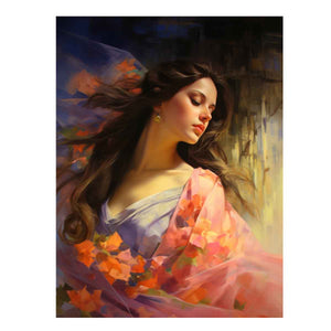 Elegant woman portrait canvas art with floral colors for feminine bedroom decor.