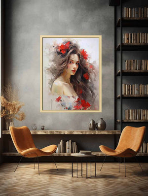 Elegant woman portrait canvas art with floral colors for feminine bedroom decor.