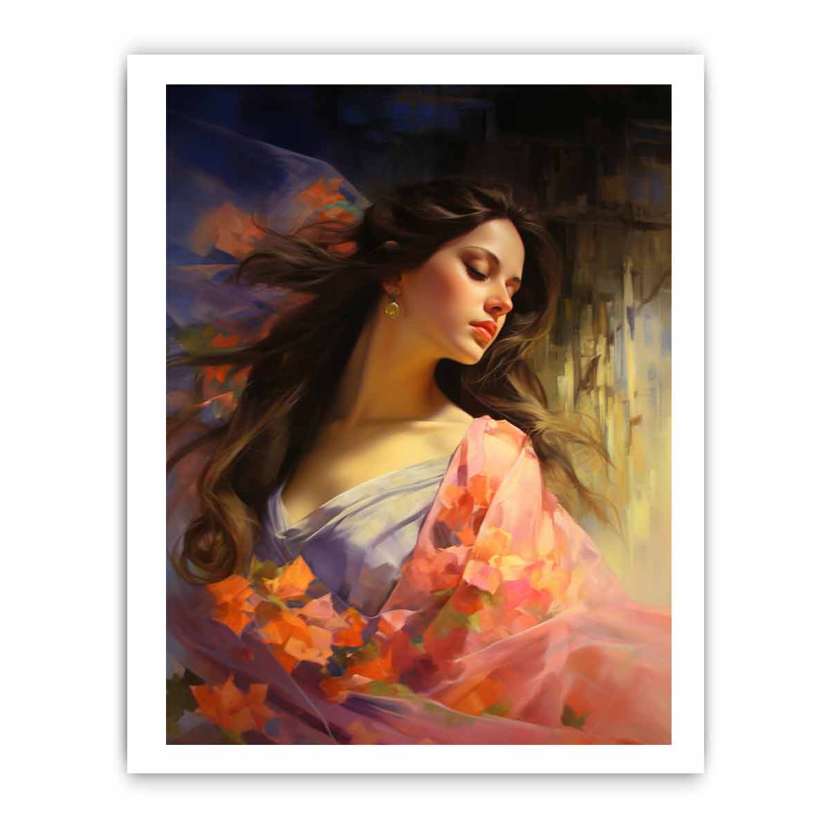Elegant woman portrait canvas art with floral colors for feminine bedroom decor.