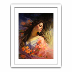 Elegant woman portrait canvas art with floral colors for feminine bedroom decor.