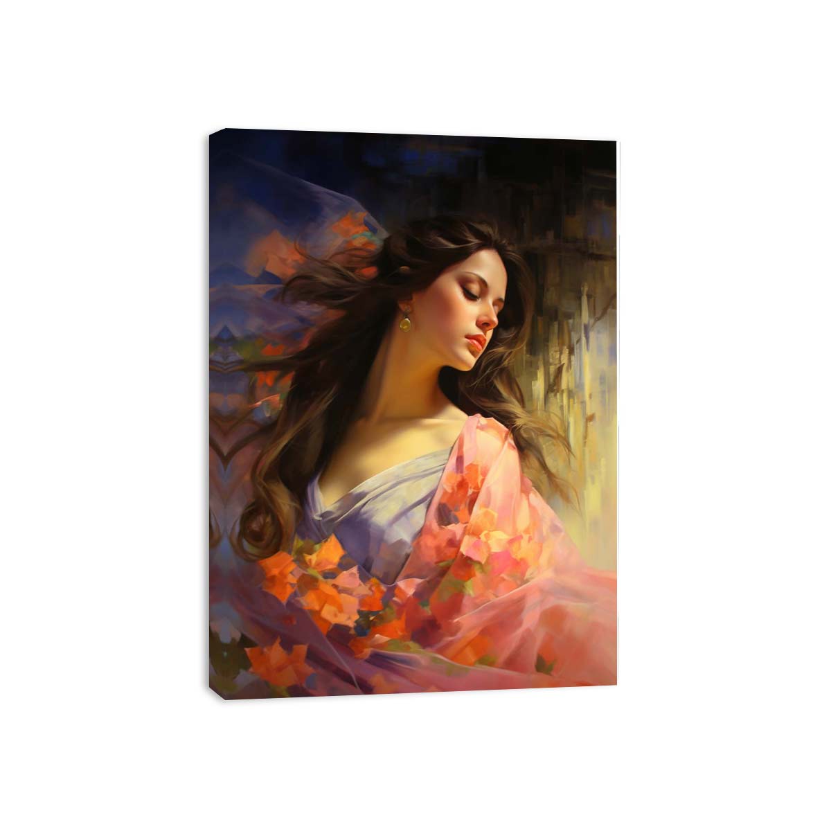 Elegant woman portrait canvas art with floral colors for feminine bedroom decor.