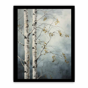 Birch tree canvas art with soft blue gray tones for peaceful modern room decor.