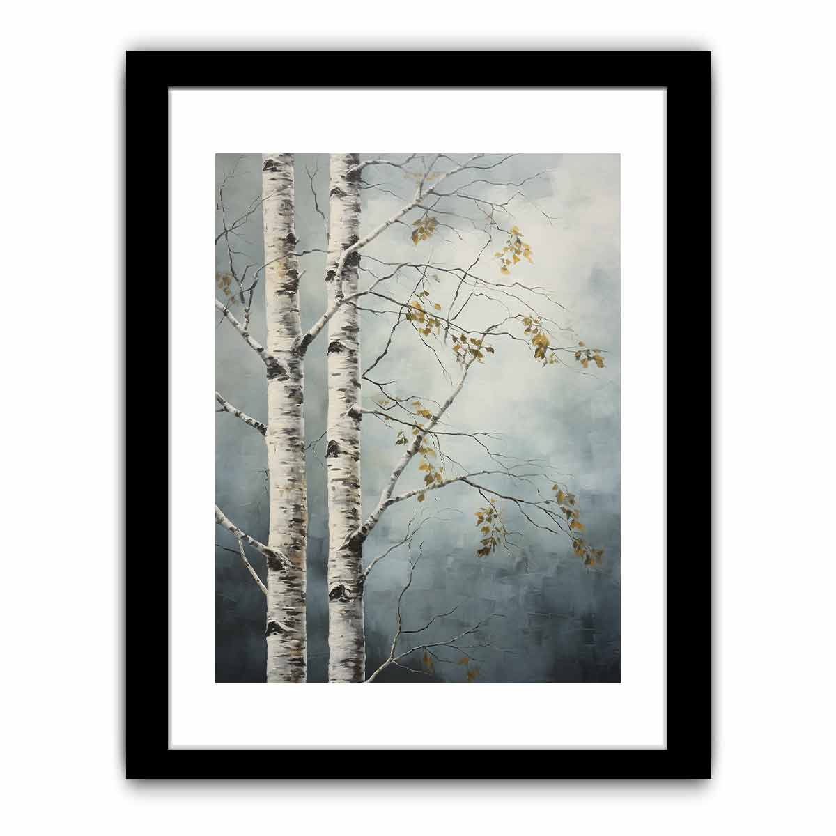 Birch tree canvas art with soft blue gray tones for peaceful modern room decor.