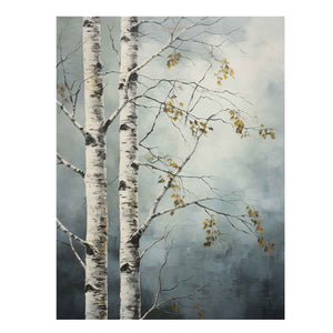 Birch tree canvas art with soft blue gray tones for peaceful modern room decor.