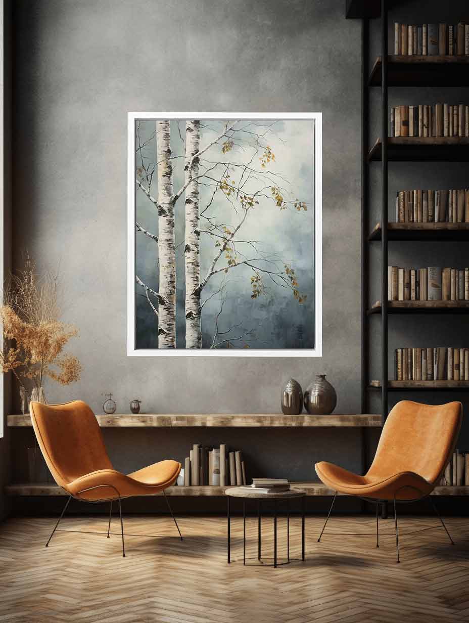 Birch tree canvas art with soft blue gray tones for peaceful modern room decor.